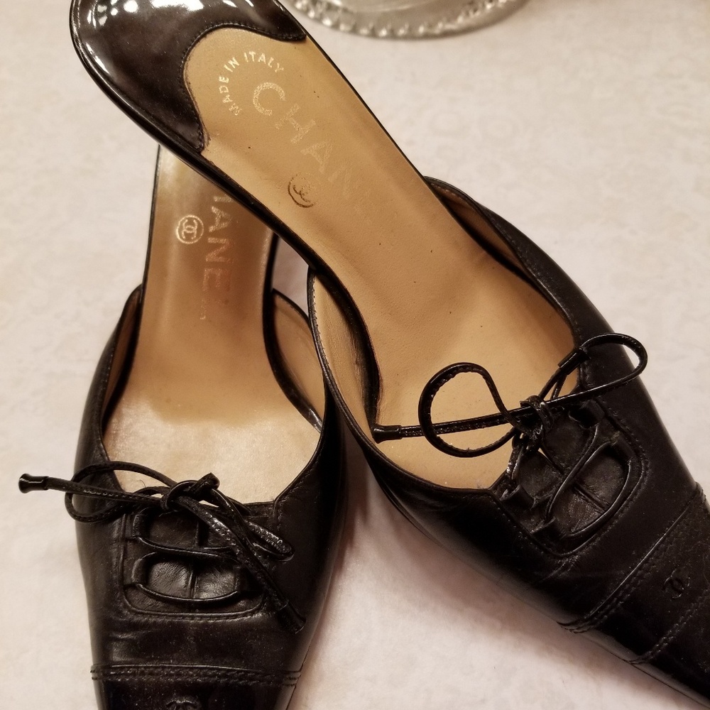 Black Chanel Kitten Heal Slides